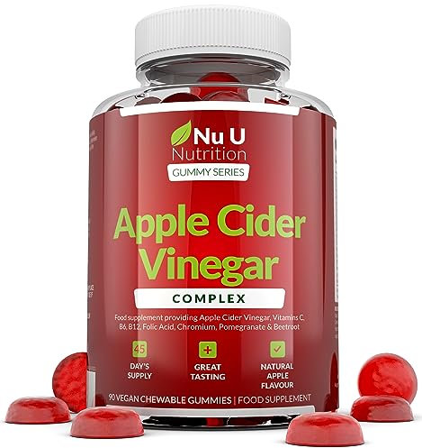Aceto di Sidro di Mele 1000mg - 90 Gommose Vegane - ACV con Madre Non Filtrato e Vitamina C, B12, B6, Acido Folico, Melograno e Barbabietola - Prodotte in Europa - Nu U Nutrition