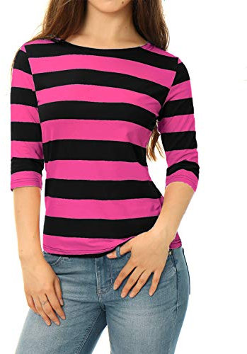 Allegra K Camiseta con Mangas de Codo para Mujer Camiseta básica Informal con Cuello de Barco y Corte Ajustado Negro Fucsia M