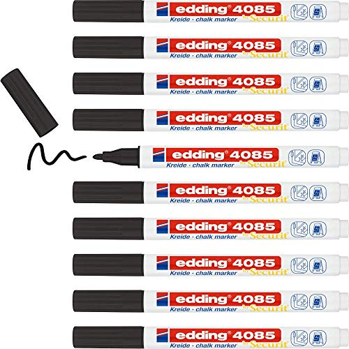 edding 4085 Kreidemarker - schwarz - 10 Kreidestifte - Rundspitze 1-2 mm - dünner Kreidestift für Tafel abwischbar - zum Beschriften von Fenster, Glas, Spiegel - Tafelstift mit deckenden Farben