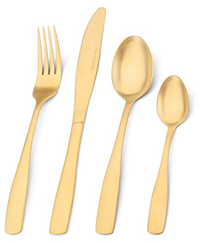 Matte Gold Cutlery Set, Bettlife Tableware Set Stainless Steel Flatware Silverware Set with Knife and Fork Set, Service for 8, Dishwasher Safe, Easy Clean & Hold (Matt Gold, 32 P)