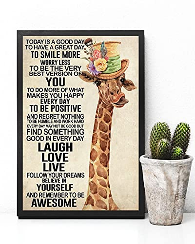 Retro Metal Tin Sign Giraffe- Today is A Good Day to Smile More Worry Less Metal Sign Retro Home Bathroom Posters Fun Garage Street Plaque for Family Cafe Bar Farm Country Art Wall Decor 8x12inch