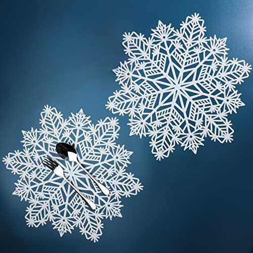 White Snowflake Placemats Sets of 12 Laminated Metallic Vinyl Round 15 inch Diameter Winter Festival Table Decorations for Holiday Christmas Party Feast by Snowkingdom