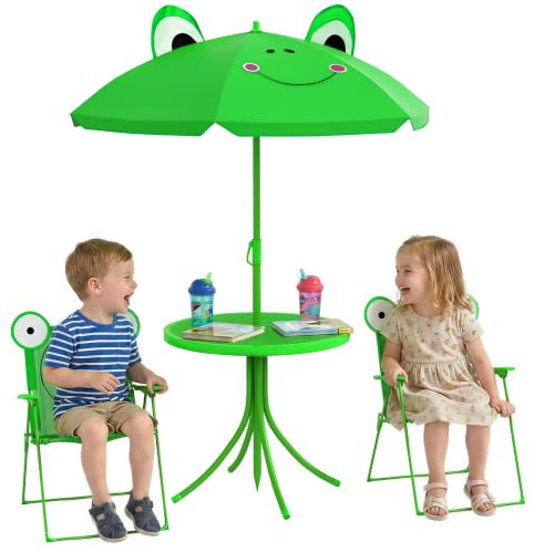 Outsunny 4tlg. Kindersitzgruppe Garten Gartentisch 2 Klappstühle Sonnenschirm Camping Kindersitzgarnitur Gartenmöbel für 3-5 Jahre Grün