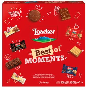 Loacker The Best of 600g, Edizione 2025, Confezione Regalo 100% Nocciole Italiane in un Mix di Bontà a Base di Cioccolato al Latte, Fondente e Bianco, Party Box per Merenda, Snack e feste, 67 pezzi