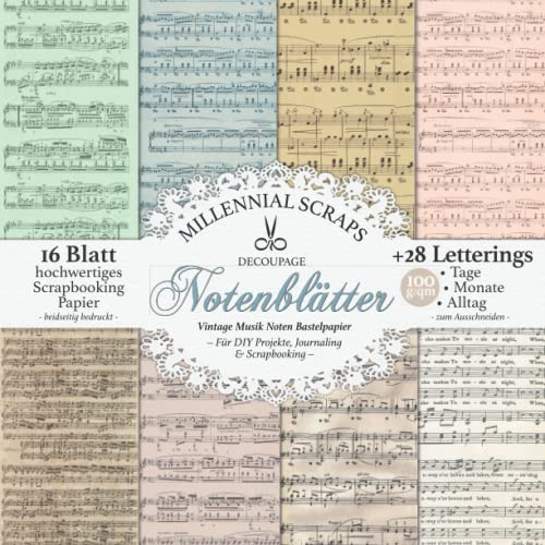 DECOUPAGE Notenblätter Vintage Musik Noten Bastelpapier: Für DIY Projekte, Journaling & Scrapbooking Papier & Zubehör I Zum Ausschneiden I Mit Letterings I Geschenk zum Basteln