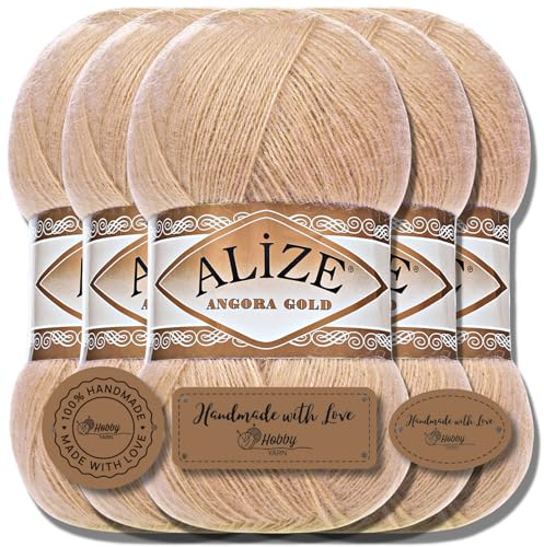 Hobby YARN 3x Etikettenlabel mit Alize Angora Gold Wolle Premium 5x100g als Set, Yarn, Garn, Dünne Mohair aus Schurwolle, Uni, Einfarbig, Strickgarn (Camel - 95)