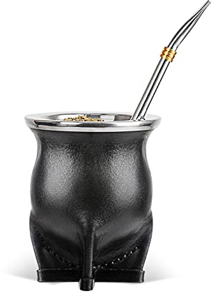 Argentinische Yerba Mate Teetasse mit Keramikfutter Strohhalm Teetasse Eine Bombilla Mate mit Reinigungsbürste (Schwarz)