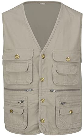 YOUTHUP Chaleco de algodón con múltiples bolsillos para hombre, para pesca, fotografía, caza, safari, sin mangas, caqui, XL