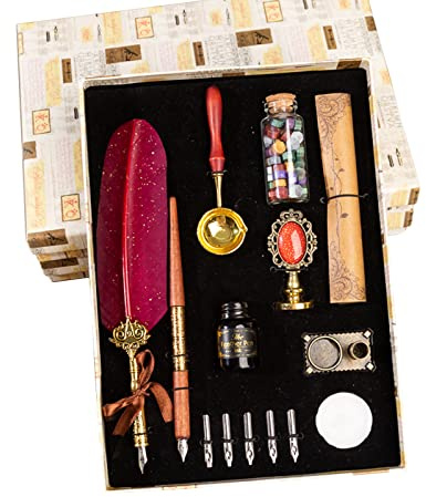 Kit di Penna a Immersione e Inchiostro, JasCherry Penna Piuma Vintage con Sigillo di Cera, Inchiostro e 5 Pennini di Ricambio, Penne per Calligrafia per Firma, Diario, Scrittura e Disegno