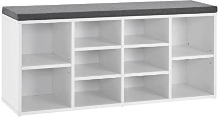 Juskys Schuhregal Holz mit Polsterung, Stoff & 10 Fächern - höhenverstellbar - 104x30x48 cm - Regal mit Sitzbank bis 150 kg - Weiß/Grau