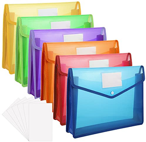 A4 Plastic Wallet, 6pcs Plastic File Folder Popper Wallet Document Bag Envelope File Folder with Button Card Slots for School Office Home, Blue,Green,Orange,Purple,Red