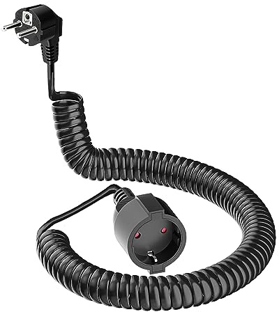 Prolunga a spirale con contatto di protezione, cavo a spirale estensibile da 3 m, con spina a contatto di protezione e attacco di protezione (230 V/16 A), cavo di prolunga in PVC, IP20, nero