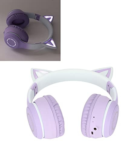 Dioche Casque Pliable Oreille de Chat Violet Casque Bluetooth Abs Oreille de Chat Bluetooth Casque de Jeu Casque de Musique Pliable sans Fil avec Lumière LED Microphone Détachable Câble (Violet)
