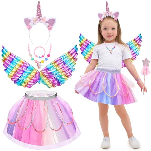Tacobear Einhorn Kostüm für Mädchen: Einhorn-Prinzessin Set mit Tüllrock, Einhornflügel, Haarreif, Halskette, Armband & Zauberstab für 3-8 Jährige - Karneval, Halloween, Party
