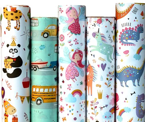 artwelten Home & Style Geburtstags Geschenkpapier für Kinder Set 5 Rollen 2m x 70 cm mit Tieren, Dinosaurier, Feen, Einhorn, Autos - für Mädchen und Junge