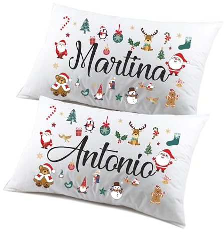 Colorfamily Coppia di federe PERSONALIZZABILI matrimoniali natalizie divertenti personaggi natale Buon Natale Personalizza con nome