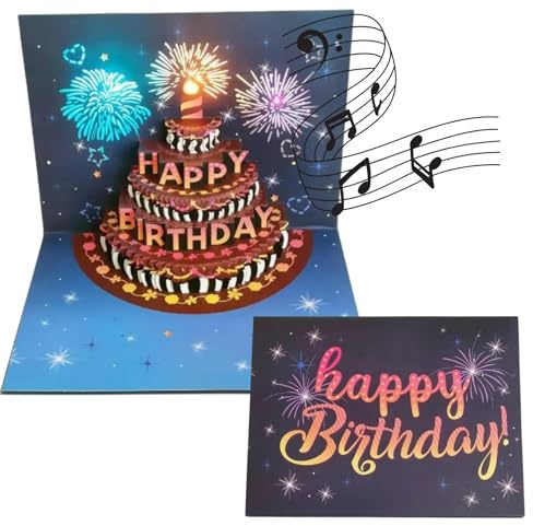 genkigold Carta 3D Pop-Up Buon Compleanno con Luci, Musica e Suoni: Design Torta Fuochi d'Artificio - Regalo per Donne, Uomini, Bambini, Moglie, Mamma, Marito - Incl. Busta e Tag Nota
