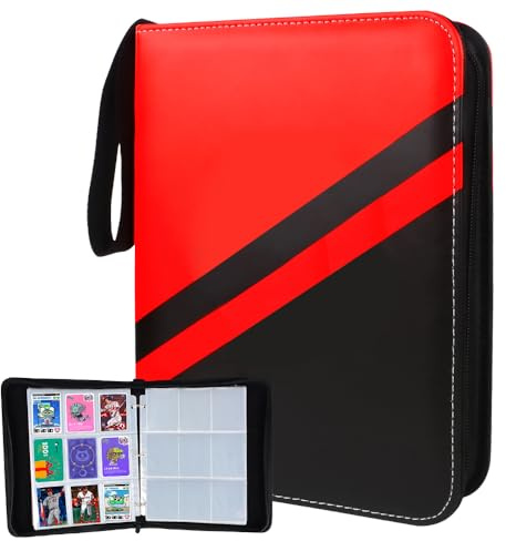 JiHiGe Trading Cards Binder, 9 Pocket Card Collection Folder, Double Sided Card Protector Sleeves, Holds Up to 900 Cards, Black & Red