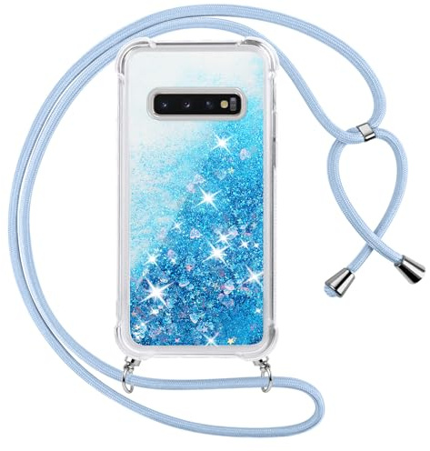 Vauki handyband für Samsung Galaxy S10 Hülle mit Band, Silikon Durchsichtig Transparent Flüssig Glitzer mit Kette Kordel Treibsand Necklace TPU Schutzhülle Case für Samsung S10, Blau