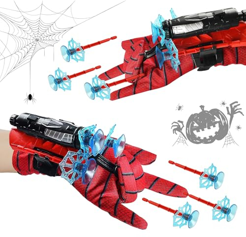 Hyran Spider Launcher Handschuh, 2 Set Held Spielzeug, 2 Spinne Shooter + 2 Kinder Cosplay Handschuh + 6 Sauger Darts, Halloween-Kostüme Kinderspielzeug, Weihnachten, Geburtstag Geschenke