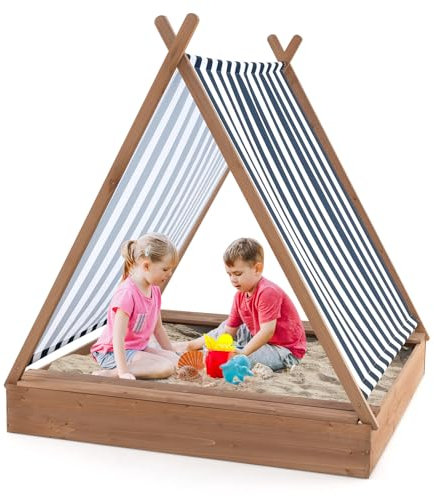 GYMAX Sabbiera per Bambini, Sabbiera con Tendina Rimovibile, 2 Panche, Sabbia in Legno di Abete per Bambini da 1+ Anni, Casina da Gioco Tema Tenda per Esterno, Giardino, Spiaggia