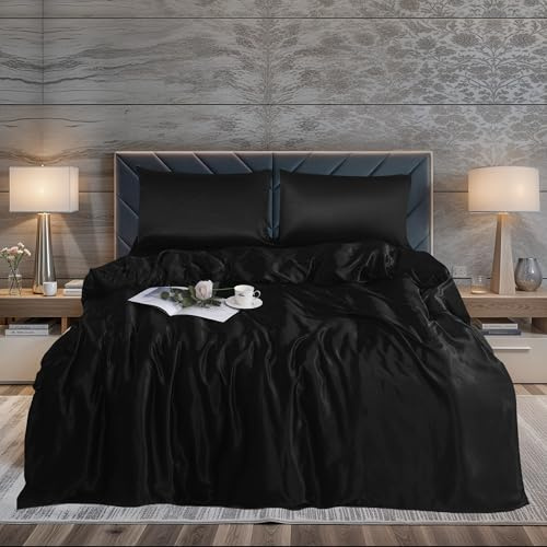 ZIMEL HOMES 3 piece-Satin Duvet Cover Set Soft bedding shiny silky bedding sets - duvet cover, 2 pillowcases (Black, King (U.K. Standard))
