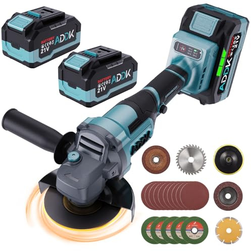 Meuleuse d'angle sans fil,21V Meuleuse d'angle 125mm, 6 vitesses réglables avec 2 batteries 4,0Ah, moteur brushless 9000 tr/min Meuleuse à métaux avec disque à lamelles pour tronçonner, décalaminer et