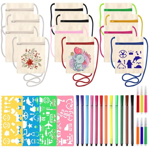 Votoko 12 Sacs à Bandoulière pour Enfants, 17 x 13 cm Sac en Tissu Bricolage avec 4 Pochoirs, 12 et 6 Stylos de Couleur pour Bricolage pour Anniversaire d'Enfant, Fête, École, Cadeau, Beige