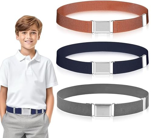 LIURFLNC 3 Stück Einstellbarer Stretch Gürtel Kinder Jungen Mädchen, Einheitsgröße 2-13 Jahre, Schwarz, Quadratische Schnalle, Lässiger Gürtel, Hochwertiger Stretch-Stoff, Unisex Kindergürtel