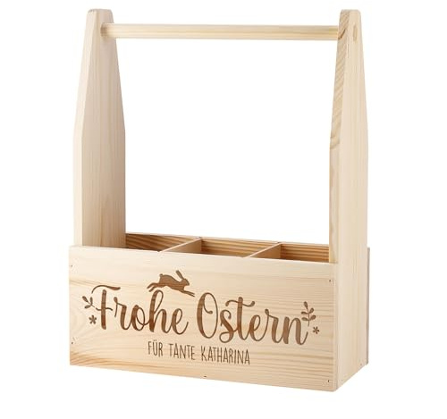 Herz & Heim® Personalisierter Flaschenträger aus Holz Frohe Ostern – Individuell gravierter Holzträger mit Wunschtext – Geschenkidee für Ostern – Flaschenhalter für Getränke oder Geschenke