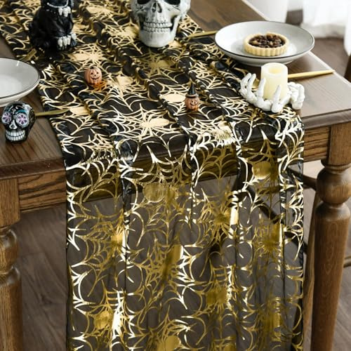 Artoid Mode Gaze Käsetuch Schwarz Gold Spinnennetz Halloween Tischläufer 70x300 cm, Küche Tisch Dekoration Drinnen Urlaub Party Dekor