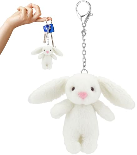 SZJFYMQ Schlüsselanhänger Hase Fluffy, Schlüsselhalter Schultütenanhänger Kaninchen,Taschenanhänger Handtasche Autoschlüssel Dekoration,Kleines Kaninchen Plüsch Spielzeug Anhänger (Weiß)