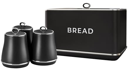 Tower Renaissance Bread Bin, 16L Capacity, Simple Pull Lid and Set of 3 Storage Canisters for Coffee/Sugar/Tea, 1.5L, Black