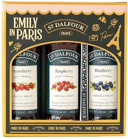 St. Dalfour Coffret Confiture – Édition Emily in Paris – 100% fruits, sans sucre ajouté, sans gluten – 3x284g (Fraise/Framboise/Cerise Noire) avec cuillère (Fraise, Framboise, Myrtille)