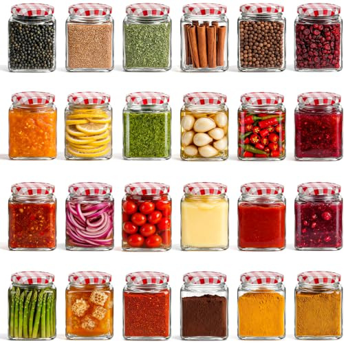 Danmu Art 24Pack Glass Jam Jars with Red Gingham Lid-Airtight 280ml/9.5oz Jars with Lid for Homemade Jam,Marmalade, Preserves, Chutneys, Pickle,Ketchups,and Kimchi Honey, Coffee & Bulk Foods(Empty)