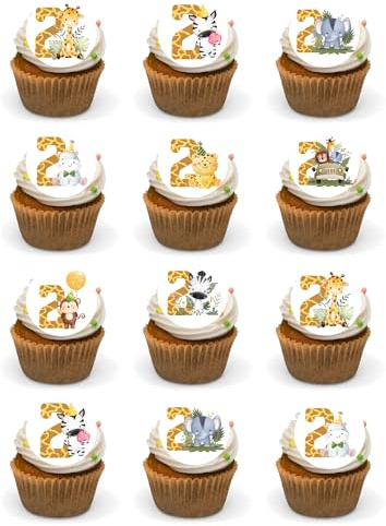 24Pcs Jungle Safari Animal Cupcake Toppers 2nd Happy Birthday Cake Decor for kids Wild Jungle Animal Theme Party Supplies Celebrating Party Events Edible Wafer Card PRECUT