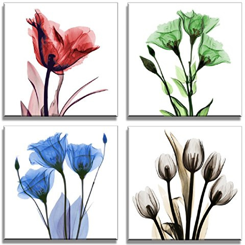 Visario Leinwandbilder Blumen Röntgen Tulpen 60x60 cm 4-teilig je 30x30 cm 6611 Wandbilder Wohnzimmer Schlafzimmer moderne Wanddeko Leinwand echter Holzrahmen Kunstdruck Blumenbild rot grün blau