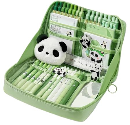 Nevalerra Schreibwaren Set Schulbedarf Federmäppchen | Panda Design Haftnotizen Ansteckbroschen Anhänger Aufbewahrungsbox Zubehörset Für Schüler Jugendliche Kinder Mädchen
