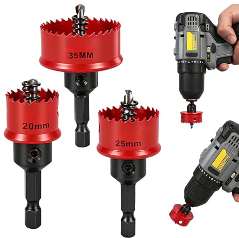 3 Pcs Bi-Metal Hole Saw Sets 20 25 35mm M42 Bimetal Circular Hole Drill Kit Hex Shank Holesaw Kit for Wood Metal Copper Plaster PVC Steel Plate Drywall