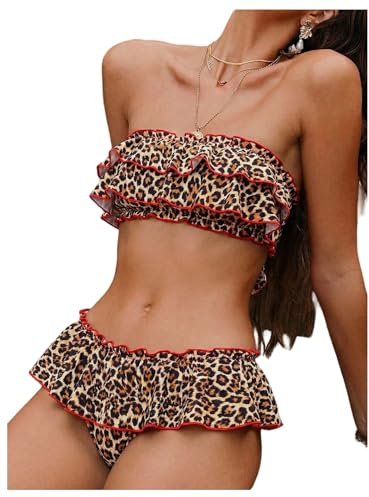 GORGLITTER Bandeau Bikini Sets for Women Cute Polka Dots Layered Ruffle Trim Tie Back Swimwear 2 Piece Retro Bathing Suits