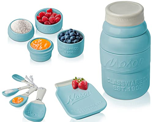 Comfify Vintage Küchenset - Mehrteiliges Küchenkeramik-Dekor-Set mit 4 Messbechern, 4 Messlöffeln und Löffelauflage - Attraktiver Vintage-Wasserblau - geprägtes Keramik