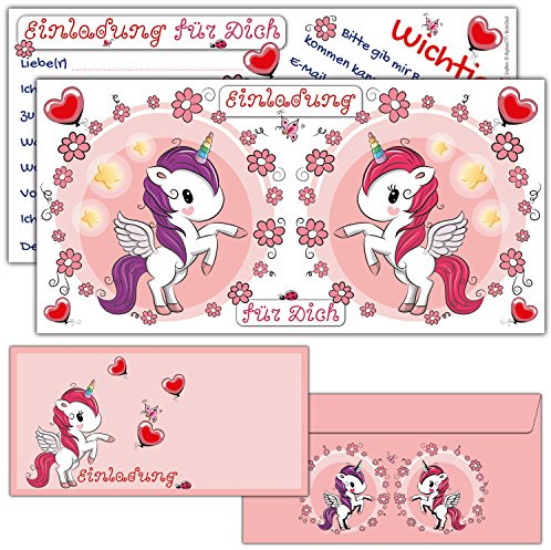 BREITENWERK 12er Karten-Set Einhorn EINLADUNG inklusive Umschläge - rosa Einladungskarten Mädchen Kinder-Geburtstag, Einhorn-Party, Feier