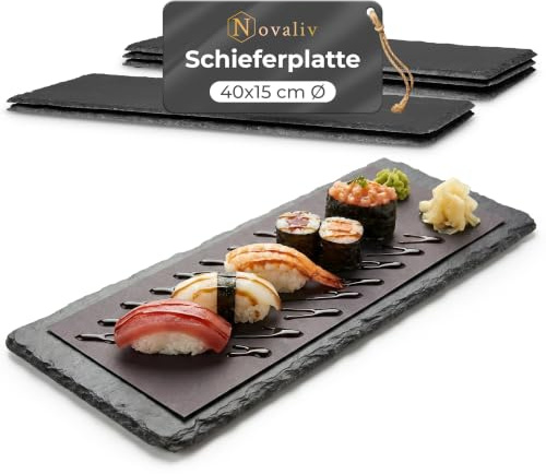 Novaliv 6x Schieferplatten I rechteckig I 40x15x0,5 cm I Sushi Servierplatten Untersetzer Käseplatte Tischplatz Schiefer Geschirr