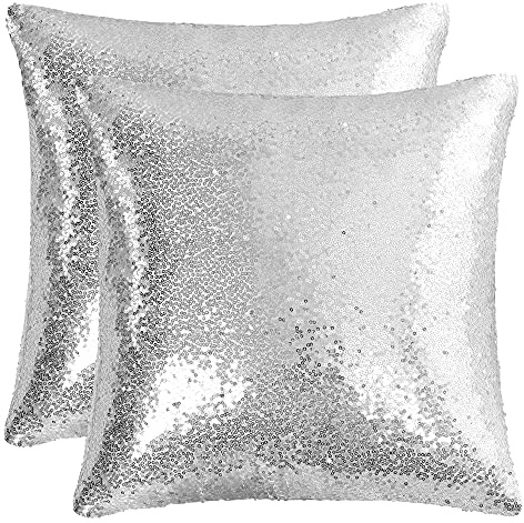 sourcing map Juego de 2 fundas de almohada de lentejuelas, brillantes y cómodos, fundas de cojín de satén, fundas de almohada decorativas para fiestas, Navidad, 40.6 x 40.6 cm, tono plateado