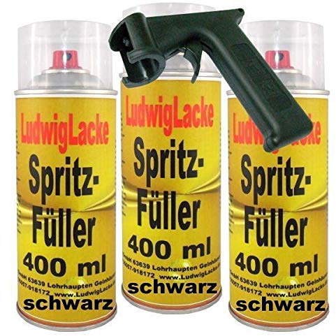 LudwigLacke Spritzspachtel Spritzfüller Grundierung Spraydose 3 x 400ml schwarz Plus Haltegriff