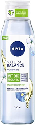 Nivea Gel douche Natural Balance avec parfum de fleur de coton et huile d'argan bio (300 ml), douche de soin sans parfum allergène, douche végétalienne pour peaux sèches et sensibles