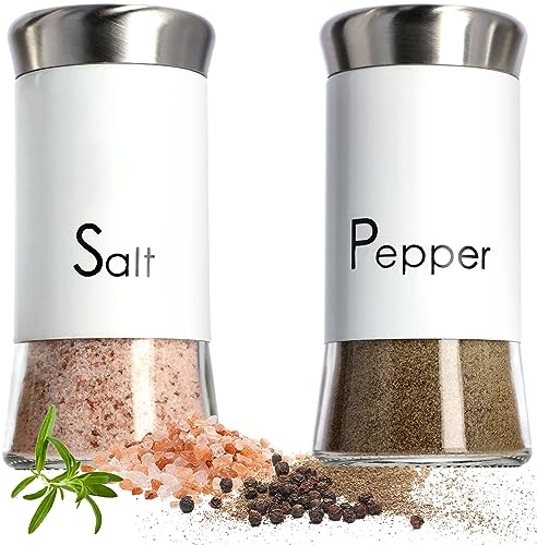 KADAX Saliera e Pepiera, 150 ml, set da 2 pezzi, Saliera in Vetro, Saliera in Acciaio Inossidabile, Pepiera con Coperchio Misto, Set Sale e Pepe, Spargispezie, Barattoli di Spezie (bianco)