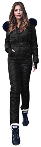 Lazzboy Skianzug Damen Schneeanzug Skioverall Skifahren Skianzüge Overall Jumpsuit Snowboard Skisuit Einteiliger Hoodie Winter Warme Schnee Outdoor Sports Ski Anzug (Schwarz,2XL)