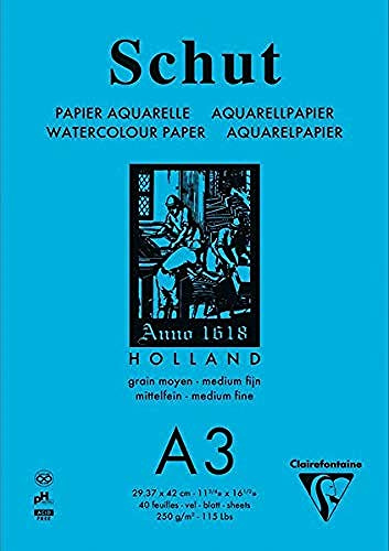 Clairefontaine 975735C - Un bloc encollé de papier dessin Aquarelle Petit grain blanc naturel 40 feuilles 29,7x42 cm 250g (grain moyen fin)