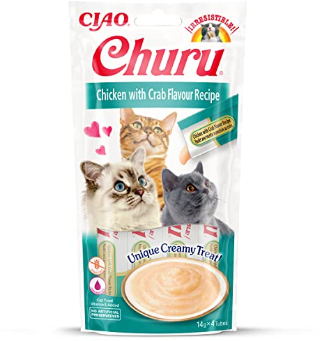 INABA Churu Puree Katzenleckerlis Creamy Snacks, Hochwertige Proteine mit Huhn & Krabben 56 g (1er Pack), Katzensnacks in Premium Qualität